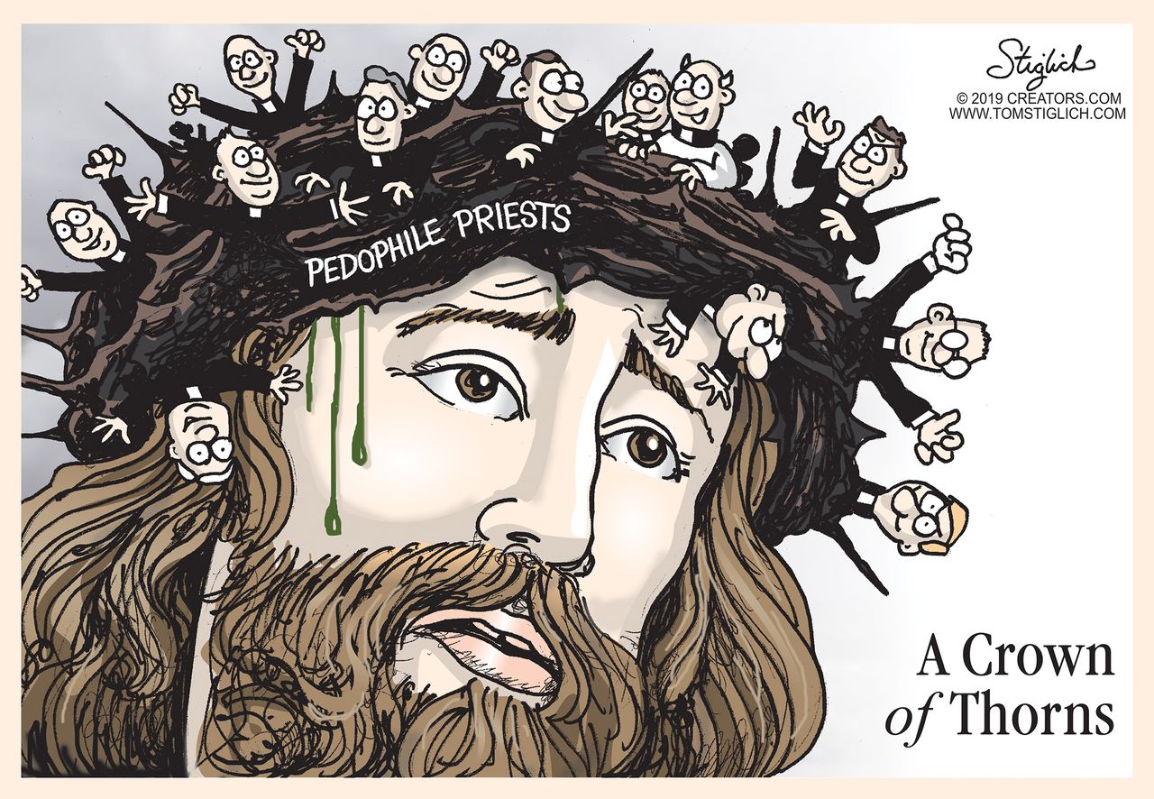 Editorial Cartoon World Jesus Crown of Thorns Pedophile Catholic priests