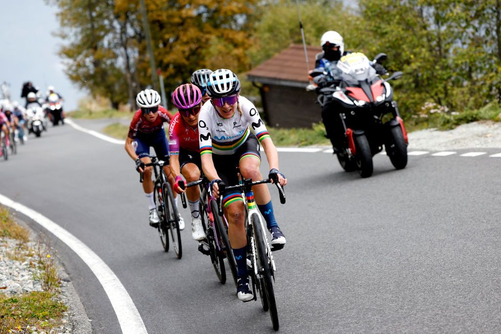THYON SWITZERLAND OCTOBER 08 LR Ashleigh Moolman Pasio of South Africa and Team SD Worx and Annemiek Van Vleuten of Netherlands and Movistar Team Women compete in the breakaway during the 1st Tour de Romandie Feminin 2022 Stage 2 a 1045km stage from Sion to Thyon 2089m TDRwomen TDRF on October 08 2022 in Thyon Switzerland Photo by Bas CzerwinskiGetty Images