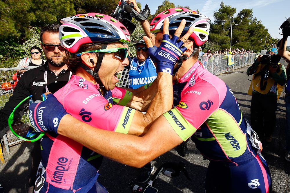 Diego Ulissi (Lampre-Merida) celebrates with a teammate after winning stage 4 of the Giro d'Italia