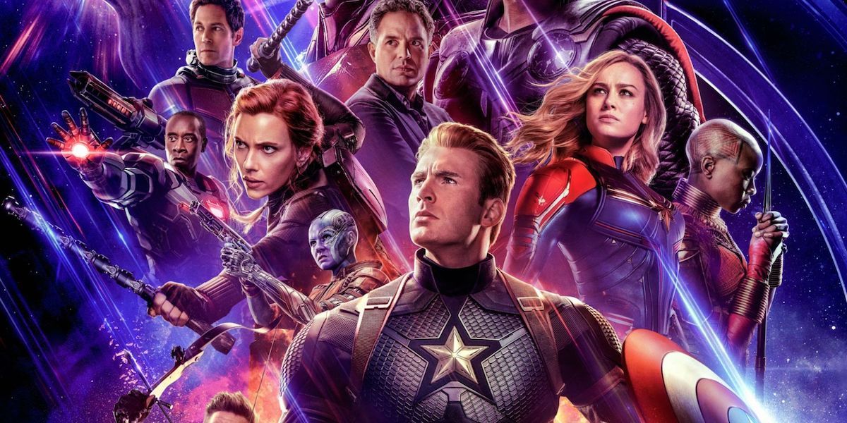 A promotional image from &#039;Avengers: Endgame&#039; shows many of the characters with Captain America stand