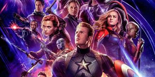A promotional image from 'Avengers: Endgame' shows many of the characters with Captain America stand
