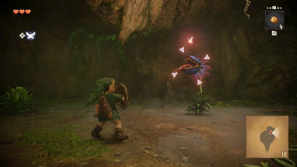 Zelda Ocarina of Time remake screenshot with Link Z-targeting a Deku Baba.