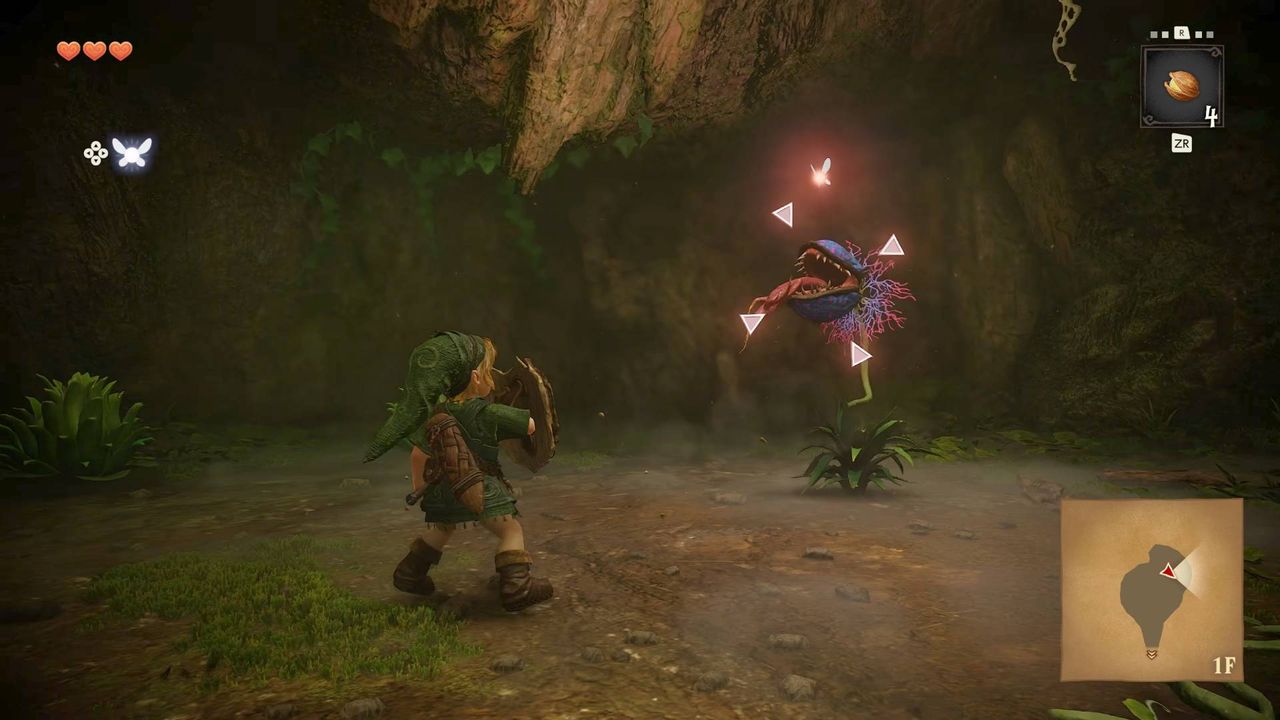 Zelda Ocarina of Time remake screenshot with Link Z-targeting a Deku Baba.