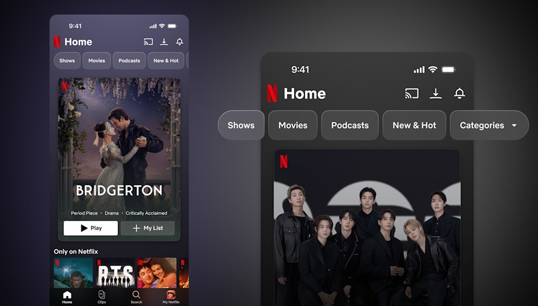 Netflix shows, movies and more. redesigned its mobile app by placing the most used elements at the top, such as