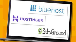 The best EU web hosting service: Bluehost, Hostinger and SiteGround logo on a Mac book Pro laptop