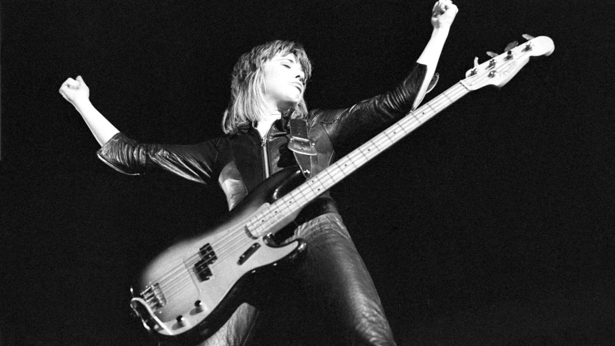 uzi Quatro performing on stage, United Kingdom, 1974.