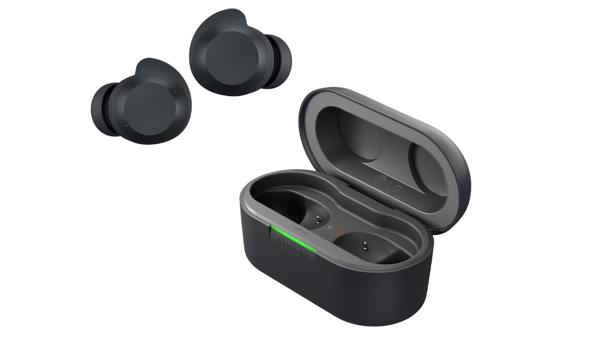 LG xboom Buds Plus case and earbud on a white background