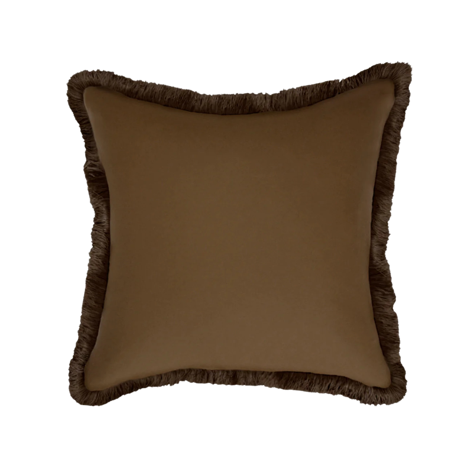 an olive green cushion with fringe detail