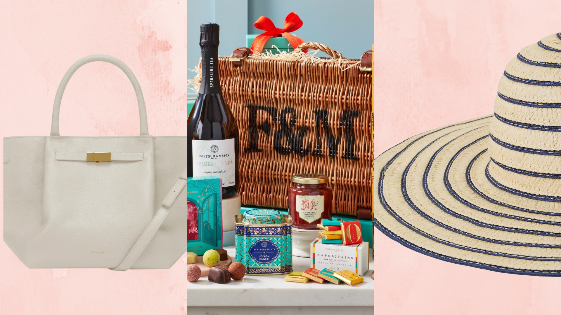 A collage of three items including a DeMellier handbag, a Fortnum &amp; Mason hamper and a wide-brimmed sun hat, featured in our best 60th birthday gifts recommendations