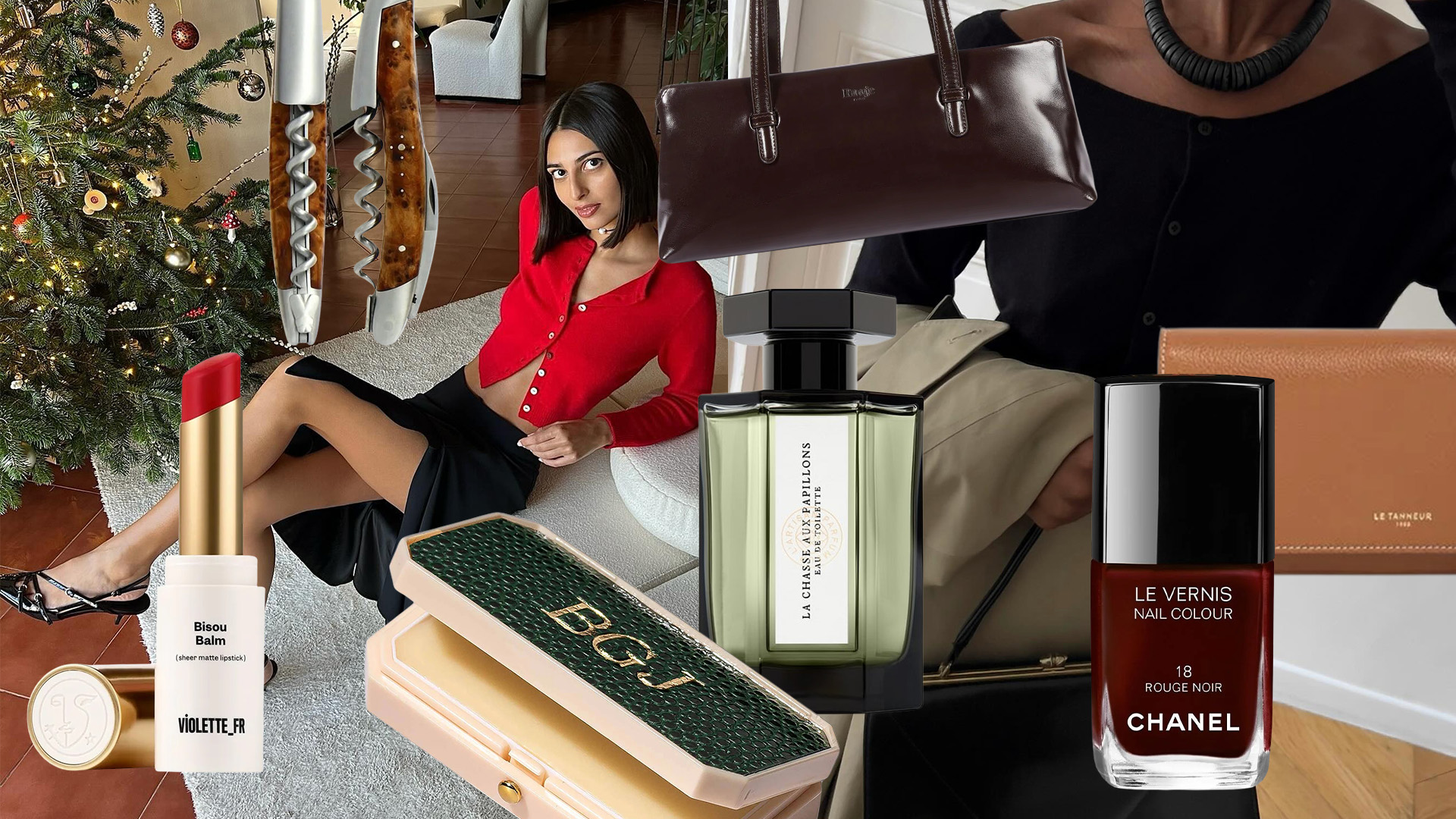 Woman in red cardigan and black skirt; French products