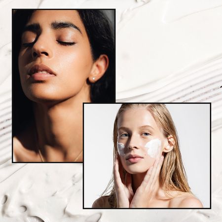 two women with bare skin on a white cream background