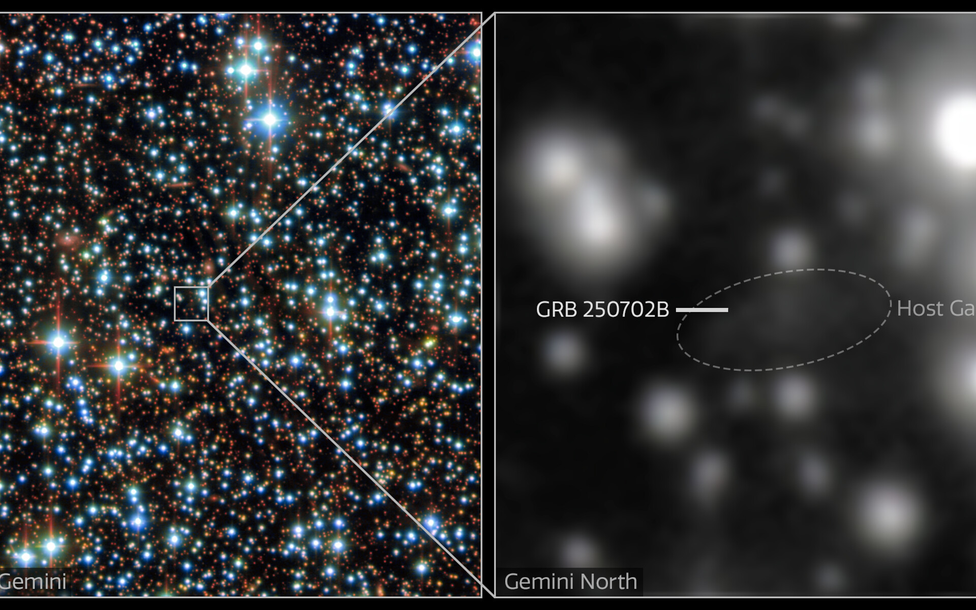 Left: The stellar field around the host galaxy of GRB 250702B &mdash; the longest gamma-ray burst that astronomers have ever observed. It comprises observations from the Gemini North telescope, one half of the International Gemini Observatory, funded in part by the U.S. National Science Foundation and operated by NSF NOIRLab, as well as the U.S. Department of Energy-fabricated Dark Energy Camera, mounted on the NSF V&iacute;ctor M. Blanco 4-meter Telescope at Cerro Tololo Inter-American Observatory, a Program of NSF NOIRLab. Right: Close-up view of the host galaxy taken with the Gemini North telescope. This image is the result of over two hours of observation, yet the host galaxy appears extremely faint due to the large amount of dust surrounding it. The DECam data were acquired on 3 July 2025. The Gemini North data were acquired on 20 July 2025.