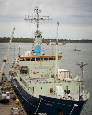 The Woods Hole Oceanographic Institution's research vessel Knorr docked before its scheduled departure on Sept. 6 to study salinity in the mid-Atlantic ocean. 