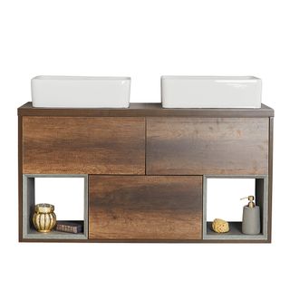 Big Bathroom Shop Milano Bexley Dark Oak 1210mm Wall Hung Open Shelf Vanity Unit with White Double Basin