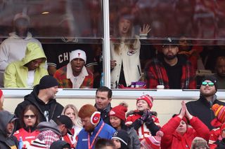 Taylor Swift attends a Chiefs game in a Jeff Hamilton jacket and black jeans