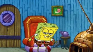 SpongeBob sitting down on a chair in SpongeBob SquarePants.