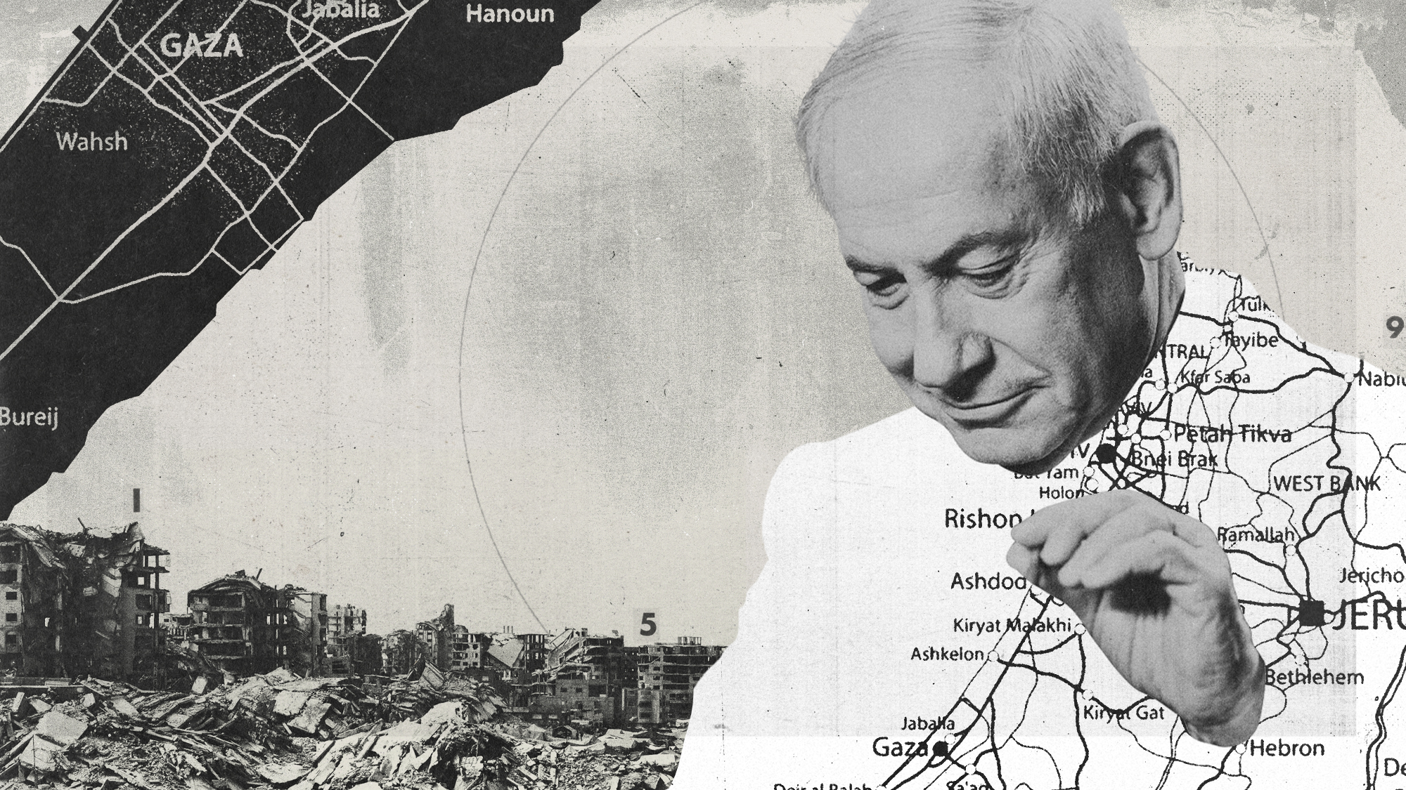 Photo composite illustration of Benjamin Netanyahu, ruins in Gaza City and a map of the region