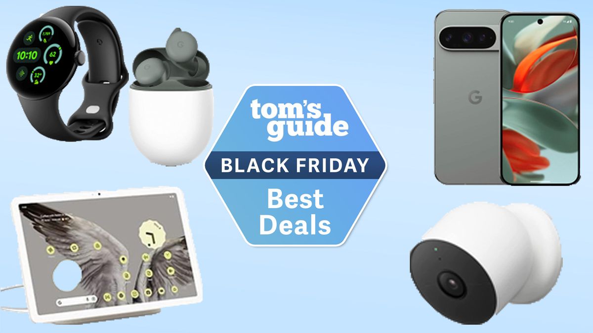 The Pixel Watch 3, Pixel Buds A-Series, Pixel Tablet, Pixel 9 Pro and Nest Cam surrounding a Tom&#039;s Guide Black Friday Best Deals badge