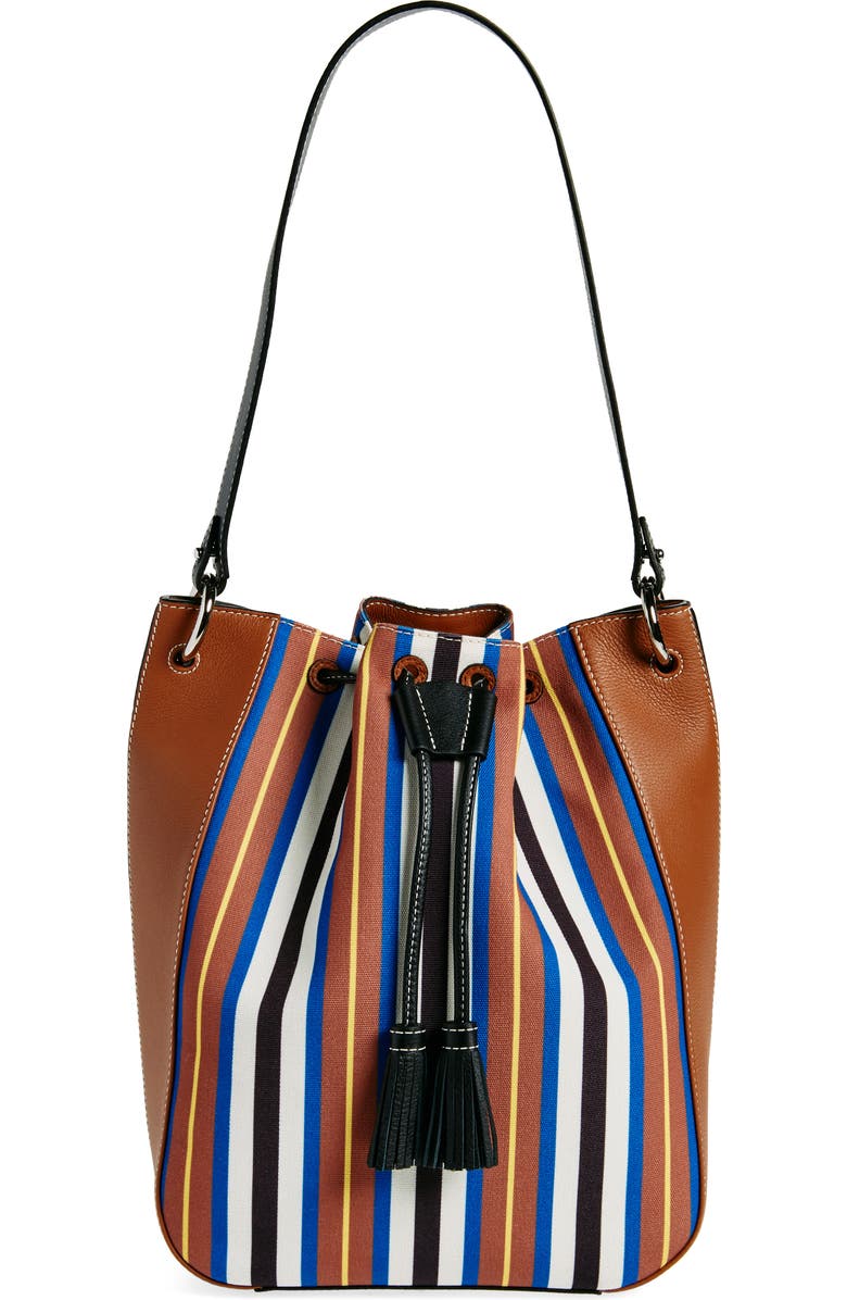 a brown bucket bag with blue, yellow, white, and black vertical stripes