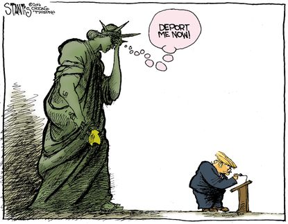 Political cartoon U.S. 2016 election Donald Trump Statue of liberty deportation