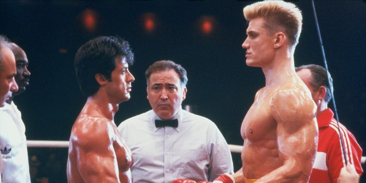 Rocky (Sylvester Stallone) and Drago (Dolph Lundgren) prepare to face off in Rocky IV (1985)