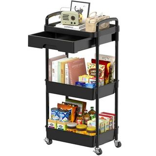 A three-tier black rolling cart with a small drawer at the top. 