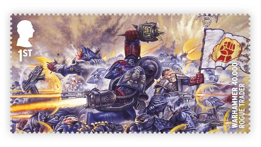 A limited edition stamp featuring the cover art from the original Rogue Trader rulebook.