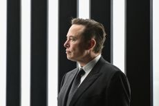 A photograph of Tesla CEO Elon Musk, pictured at the Tesla "Gigafactory" in Gruenheide near Berlin.