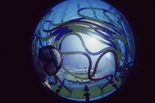 A photograph of Heinz Kluetmeier, wearing goggles and adjusting a circular fisheye camera in a pool