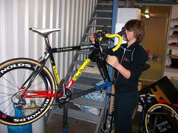 Second place at junior nationals, Jeff Bahnson, is building up his bikes for tomorrow's World Cup after finally receiving them from the airline three days later than planned.