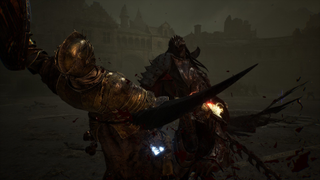 The Lamp Bearer from Lords of the Fallen getting skewered by a boss.