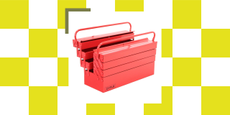 A red toolbox against a yellow checkerboard grid