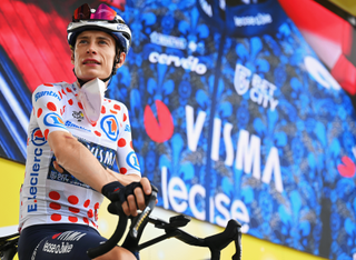 EMBRUN, FRANCE - JULY 19: Jonas Vingegaard Hansen of Denmark and Team Visma | Lease a Bike - Polka Dot Mountain Jersey prior to the 111th Tour de France 2024, Stage 19 a 144.6km stage from Embrun to Isola 2000 - (2022m) / #UCIWT / on July 19, 2024 in Embrun, France. (Photo by Tim de Waele/Getty Images)