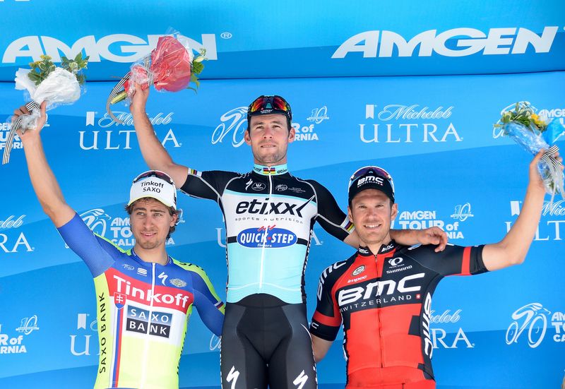 The top three from the opening stage, Peter Sagan, Mark Cavendish and Jempy Drucker on the podium