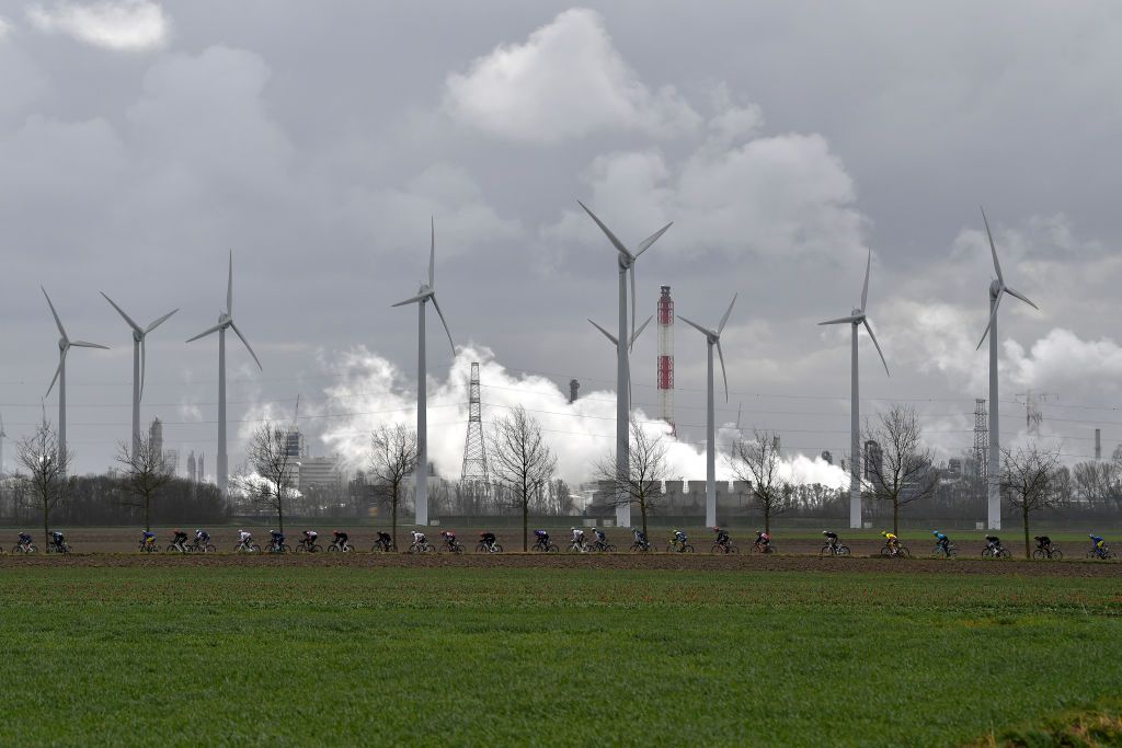 SCHOTEN BELGIUM APRIL 07 The Peloton during the 109th Scheldeprijs 2021 Mens Elite a 1942km race from Terneuzen to Schoten Windmill Landscape SP21 FlandersClassic on April 07 2021 in Schoten Belgium Photo by Luc ClaessenGetty Images