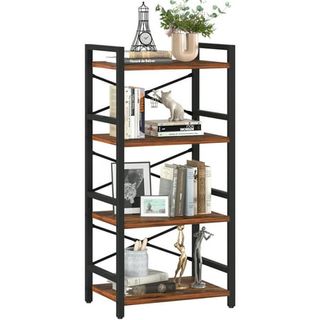 A black metal and brown wood four-tiered industrial bookshelf, with books, photographs, art and plants