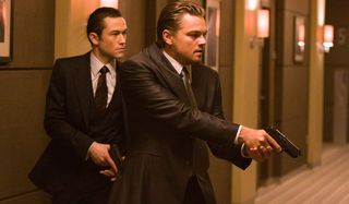 Inception Joseph Gordon-Levitt and Leonardo DiCaprio storming a hotel hallway