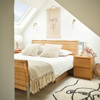 a neutral loft bedroom with rattan bed frame and matching abstract face print on a wall hanging and rug