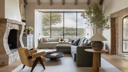 sitting room with huge glass windows, a large fireplace, neutral furnishings and an olive trees