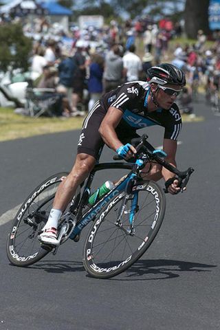 Simon Gerrans (Team Sky) from Victoria leans into the bend out of the home straight in Portarlington.