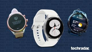 Et utvalg supre Wear OS-klokker: Samsung Galaxy Watch 4, Fossil Sport, TicWatch Pro 3.