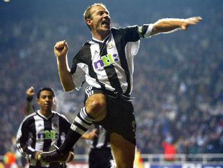 Alan Shearer celebrates a goal for Newcastle United against Dynamo Kyiv in the Champions League in October 2002.