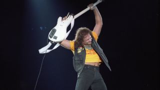 Michael Anthony bassist for Van Halen performs at the Hubert H. Humphrey Metrodome during the Monsters of Rock concert in Minneapolis, Minnesota on July 13, 1988.