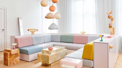 a pastel sofa and lighting