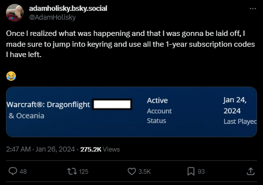A post that reads: "Once I realized what was happening and that I was gonna be laid off, I made sure to jump into keyring and use all the 1-year subscription codes I have left. 😂"