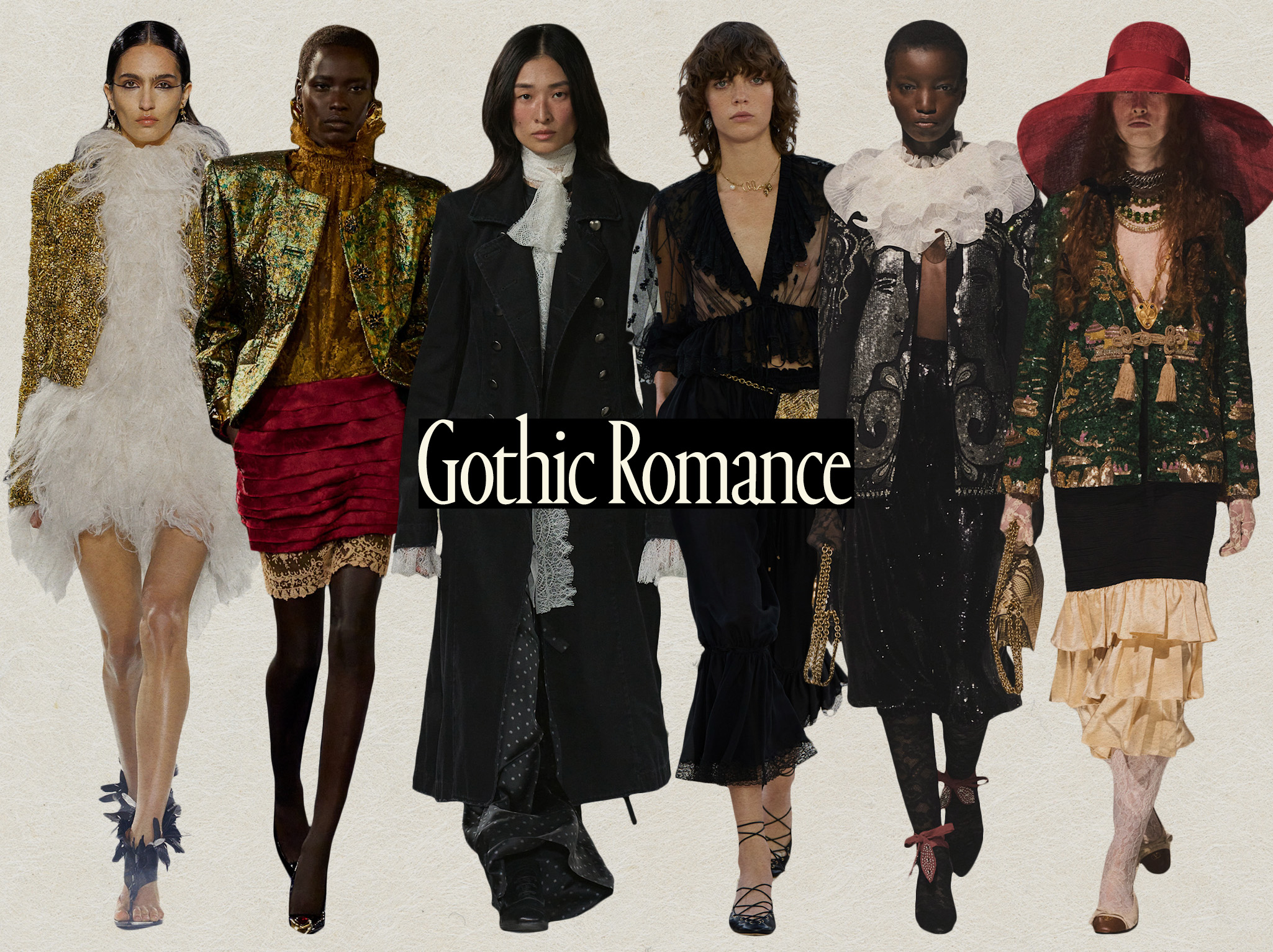 A collage of runway images showing the gothic romance spring trend in the collections of Alexander McQueen, Saint Laurent, Ann Demeulemeester, Chloé, and Valentino.