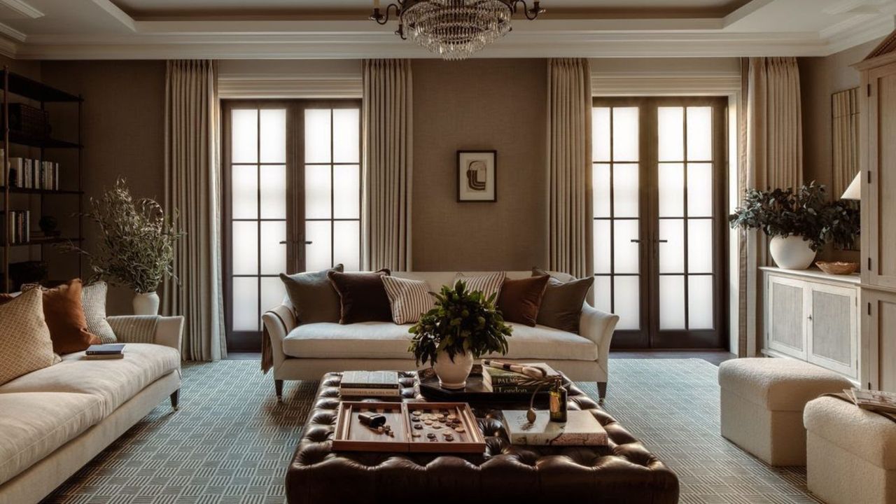 A dark living room with natural woods and velvet sofa