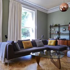 retro living room with grey sofa