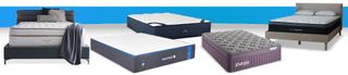 Cyber Monday mattress sales image shows Saatva Classic, the Nectar Memory Foam Mattress, DreamCloud and purple mattresses which are among this year's best sales