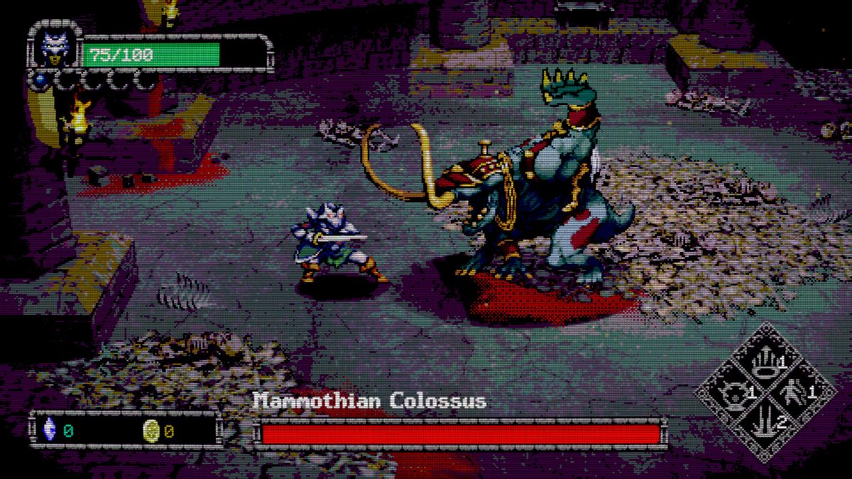 Dungeon Lurker screenshot showing duel with boss enemy "Mammothian Colossus"